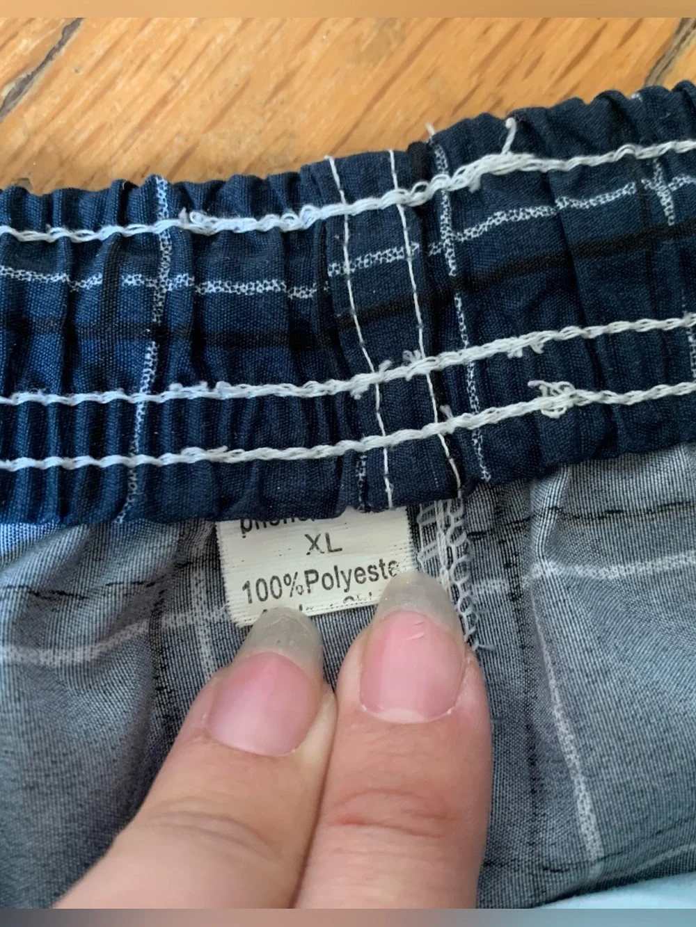 Blue and white plaid polyester swim trunks with gradient effect size XL